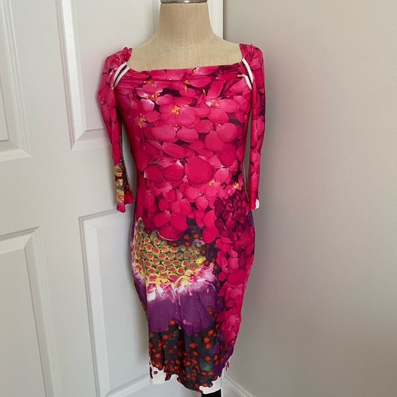 Roberto Cavalli dress stretchy size 42 small/medium floral print small rip - Picture 1 of 9
